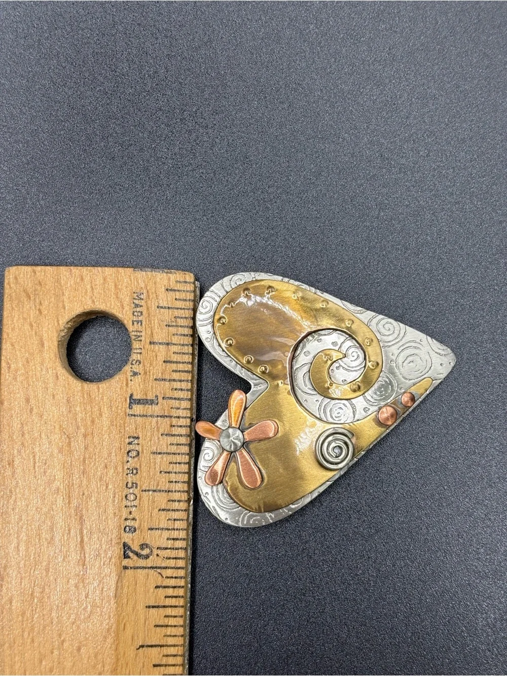 Artisan Handcrafted Mixed-Metal Heart Pin Brooch in Brass and Copper